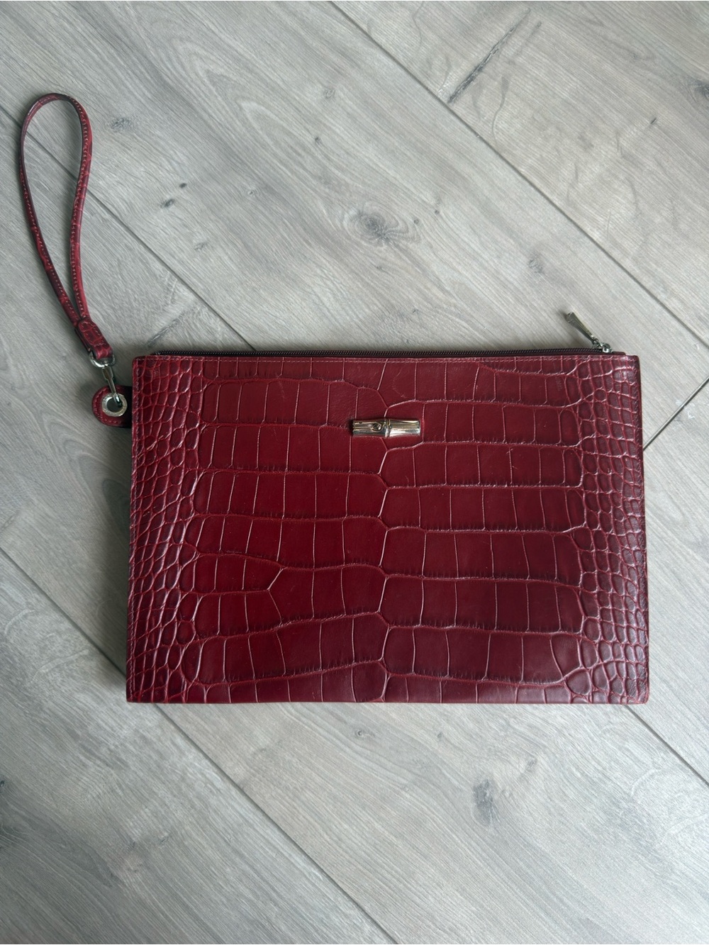 Longchamp Croc-Embossed Red Leather Wristlet Clutch